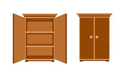 Open and closed wood closet or wardrobe isolated on white background .Natural wooden Furniture Vector illustration