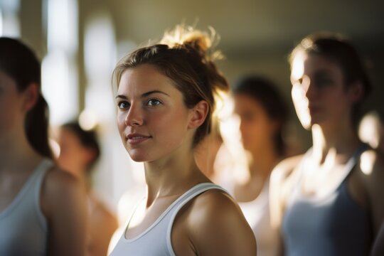 Portrait of young woman in a dance class with light streaming in from the window, healthy lifestyle diversity concept.