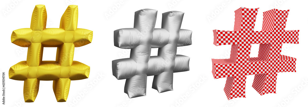 Poster set of hashtag symbol design. icon or sign shape isolated on transparent background in 3d rendering.