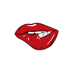 Red sexy lips sticker patch. Female makeup with kisses and smile for colorful pop design and open vector beauty collection