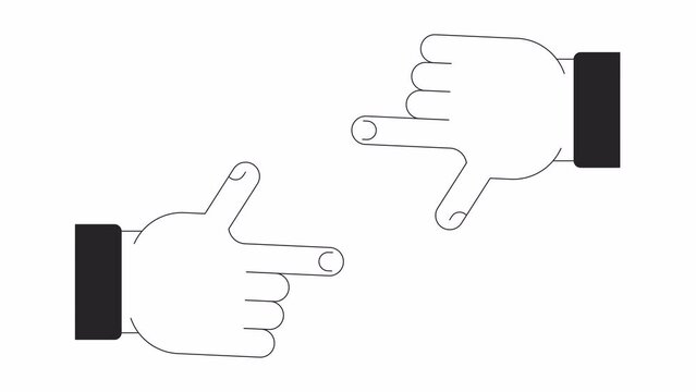 Finger framing black and white error 404 animation. Focus gesture. Failed perspective vision error message gif, motion graphic. Lost inspiration animated concept linear 4K video isolated on white