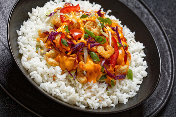 bang bang shrimp rice bowl with fresh veggies