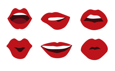 Red lips sticker set. Passionate makeup with sexy kisses and smile for colorful pop design and open vector beauty expression