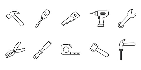 Carpentry set icon. Icon related to handyman tools. Contains icons hammer, screwdriver, saw, drill, etc. Line icon style. Simple vector design editable