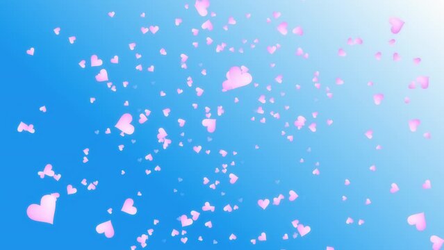 Pink heart shape particles falling from blue sky. Happy Valentine&rsquo;s day. Happy mother&rsquo;s day, Abstract background.