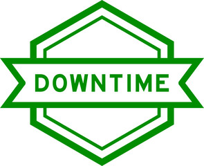Vintage green color hexagon label banner with word downtime on white background