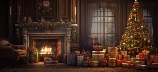 Obraz premium Enchanting Christmas setting with a mesmerizing lit-up tree and fireplace.
