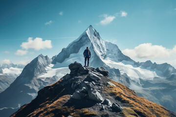 Young man with backpack hiking mountains - Generative AI