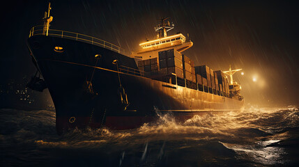 A yellow cargo ship with containers during a storm. Cargo insurance, Generative AI