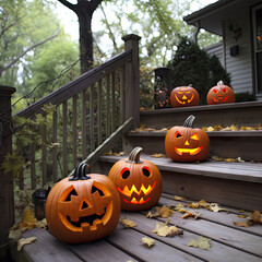 Halloween pumpkins decorating a porch