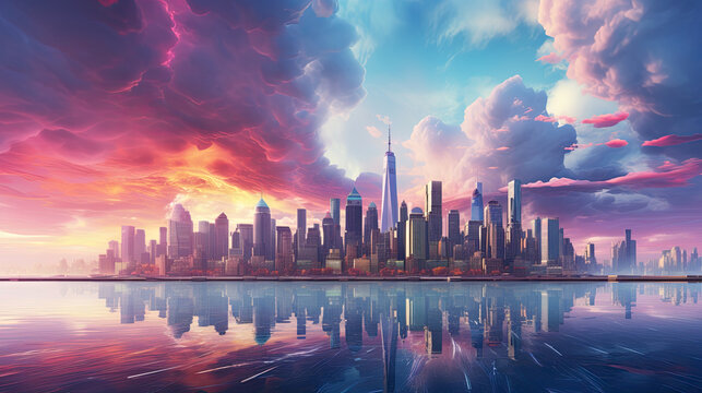 A wallpaper depicting a futuristic, colorful New York with numerous skyscrapers, generative AI