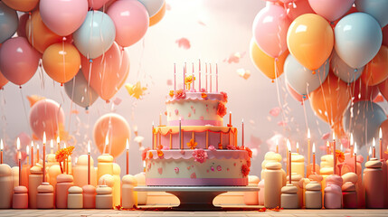 A background for a birthday card featuring a festive cake, candles, and balloons, Generative AI