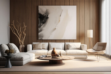 Fototapeta na wymiar Luxurious living room interior with a beige sofa and artwork
