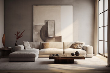 Luxurious living room interior with a beige sofa and artwork
