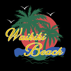 Waikiki beach Hawaii tribal hibiscus, vintage vector print for girl t shirt with grunge traditional pattern texture.