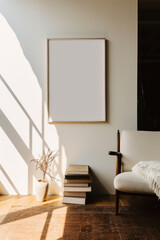 artistic frame canvas mock up in a curated scandinavian studio setting / vintage artists desk, atelier bohemian style with natural light and shadows - ai generative art