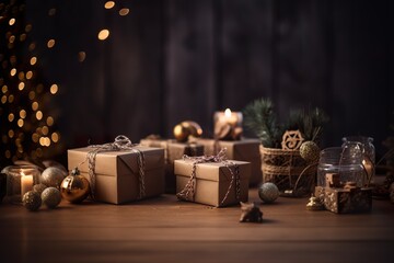 Fototapeta na wymiar Christmas decoration with baubles and lights over dark wooden background