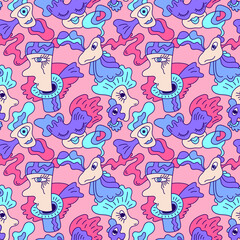 Fototapeta na wymiar Abstract vector seamless psychedelic pattern with surreal faces