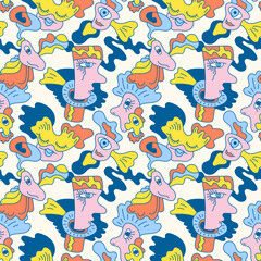 Abstract vector seamless psychedelic pattern with surreal faces