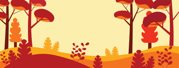 Vector drawing autumn landscape, warm colors. Banner template, design elements.