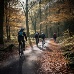 People cycling through the autumn forest
