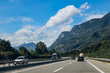 Lucerne, Switzerland - August 9, 2023: Highway in Switzerland overlooking the Alps