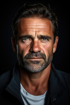 Face portrait of middle-aged handsome and confident man on black.
