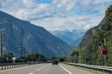 Lucerne, Switzerland - August 9, 2023: Highway in Switzerland overlooking the Alps