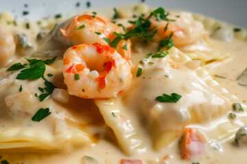 A close-up of a lobster and shrimp stuffed ravioli in creamy sauce, topped with parsley, captured in this macro shot