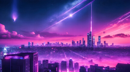 Skyline of a futuristic neon night city