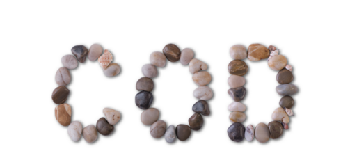 The word "COD" is lined with shells and stones of different shapes and colors on a transparent background. Types of fish and seafood, price tag, sea food, fish market, sea alphabet.
