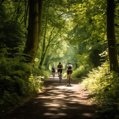 People cycling through the forest