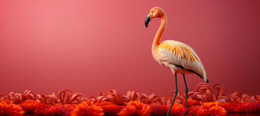 a flamingo with beautiful pink plumage stands in an artificial studio atmosphere in red and pink shades, generative AI