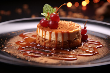 Food photography, cheese cake, cinnamon, in a luxurious Michelin kitchen style, depth of field, ultra detailed, uplight, natural features - obrazy, fototapety, plakaty