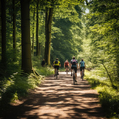 Obraz premium People cycling through the forest