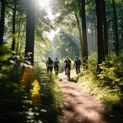 Obraz premium People cycling through a forest