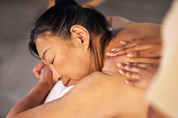 Relax, massage and senior with woman in spa for wellness, body treatment and hospitality. Peace,...