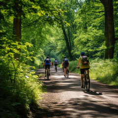 Fototapeta premium People cycling through the forest