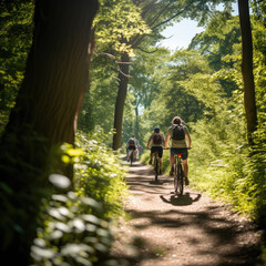 Fototapeta premium People cycling through a forest
