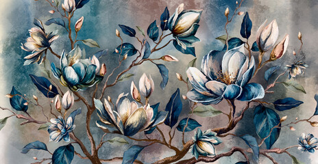 A branch of watercolor flowers, an artistic drawing in bright colors on a textured background, photo wallpaper in the interior