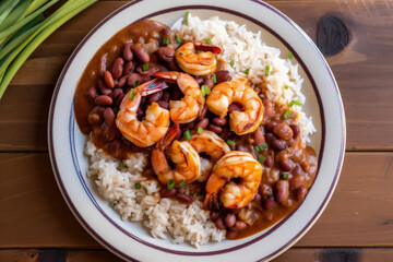 A plate of red beans and rice with grilled shrimp, drizzled in hot sauce, as seen from a top-down...