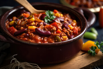 A close-up of a plant-based scoop of chili con carne, featuring vibrant veggies, aromatic spices, and protein, all in one delicious bowl - obrazy, fototapety, plakaty