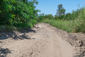 Sand road in the forest. Tire pattern of quad bike on driveway. Track imprint of quadricycle on nature land. Sand texture off road. Path in forest close up. Sand mounds and green forest in sunny day.