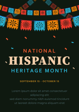 Hispanic heritage month. Abstract flag ornament poster design, retro style with text, geometry