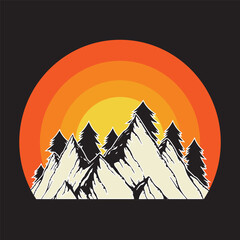 Fototapeta premium Retro vintage sunset mountain Forest T-Shirt Design, Outdoor adventure. Vector graphics for t-shirts and other uses