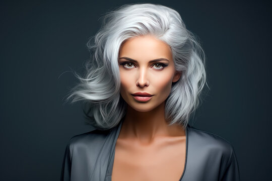 beautiful woman with silver hair facing the camera, youthful and glamorous, innovative spirit, associated press photo, serene expression, captivating demeanor, elegant presence, graceful appearance, c