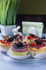 Delicious desserts in a children's cafe. Close up  