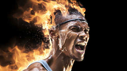 an african american athlete is on fire and at the peak of his career, his skin catches fire, generative AI