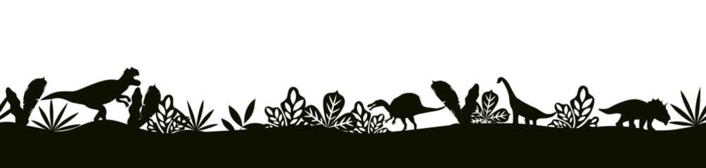Dinosaurs black silhouettes landscape. Dinosaur background