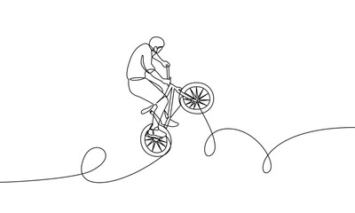 Naklejka premium Single continuous line cycling BMX freestyle. The man is doing a trick. Extreme sports. One line drawing vector illustration